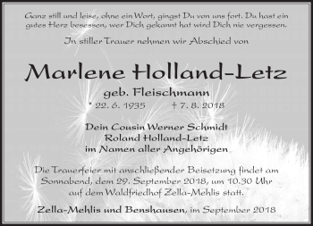 Traueranzeige von Marlene Holland-Letz von Südthüringer Presse