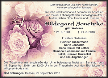 Traueranzeige von Hildegard Jonetzko von Südthüringer Presse
