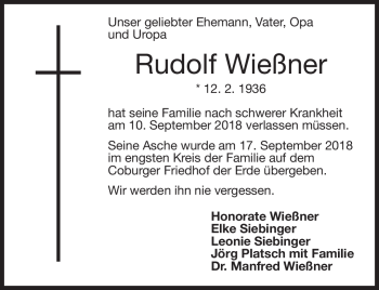Traueranzeige von Rudolf Wießner von Neue Presse Coburg