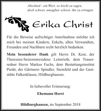 Traueranzeige von Erika Christ von Südthüringer Presse