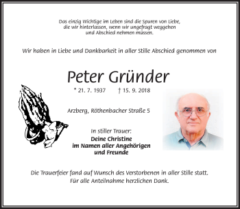 Traueranzeige von Peter Gründer von Frankenpost