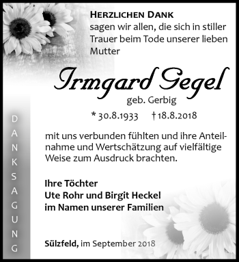 Traueranzeige von Irmgard Gegel von Südthüringer Presse