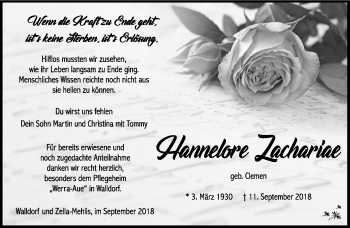 Traueranzeige von Hannelore Zachariae von Südthüringer Presse