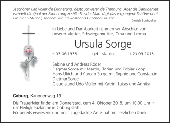 Traueranzeige von Ursula Sorge von Neue Presse Coburg