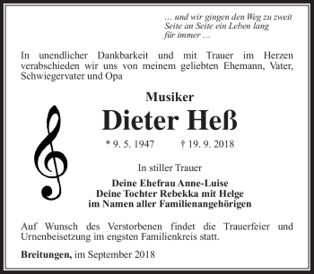 Traueranzeige von Dieter Heß von Südthüringer Presse