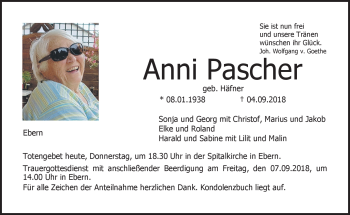 Traueranzeige von Anni Pascher von Neue Presse Coburg
