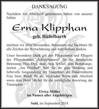 Traueranzeige von Erna Klipphan von Südthüringer Presse