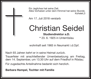 Traueranzeige von Christian Seidel von Frankenpost
