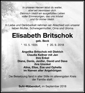 Traueranzeige von Elisabeth Britschok von Südthüringer Presse