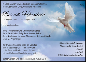 Traueranzeige von Bernd Hörnlein von Südthüringer Presse