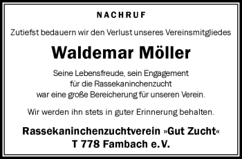 Traueranzeige von Waldemar Möller von Südthüringer Presse