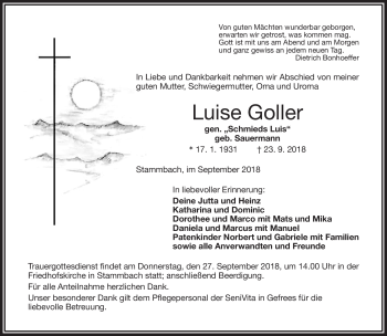 Traueranzeige von Luise Goller von Frankenpost