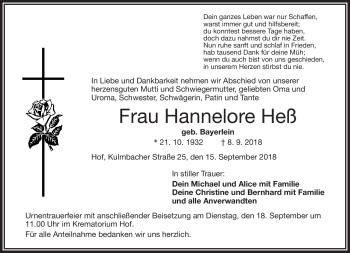 Traueranzeige von Hannelore Heß von Frankenpost