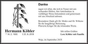Traueranzeige von Hermann Köhler von Frankenpost
