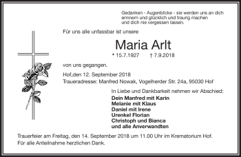 Traueranzeige von Maria Arlt von Frankenpost