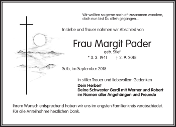 Traueranzeige von Margit Pader von Frankenpost