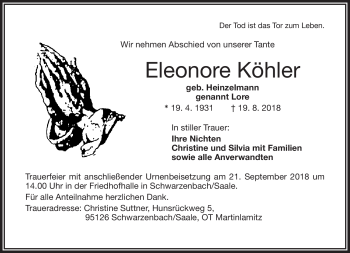 Traueranzeige von Eleonore Köhler von Frankenpost