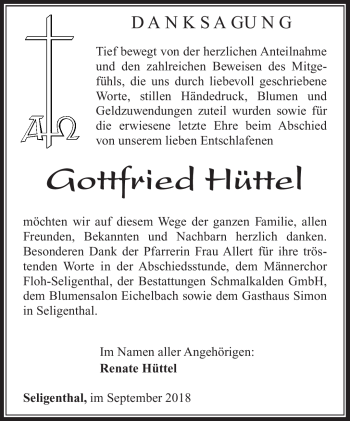 Traueranzeige von Gottfried Hüttel von Südthüringer Presse