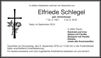 Traueranzeige von Elfriede Schlegel von Frankenpost
