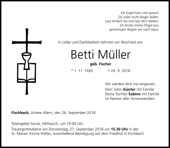 Traueranzeige von Betti Müller von Neue Presse Coburg