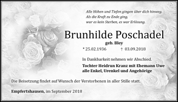 Traueranzeige von Brunhilde Poschadel von Südthüringer Presse
