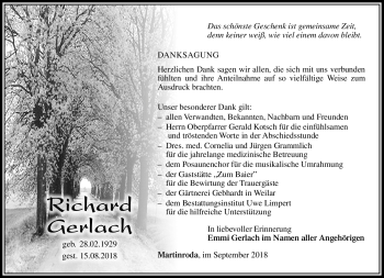 Traueranzeige von Richard Gerlach von Südthüringer Presse