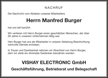 Traueranzeige von Manfred Burger von Frankenpost