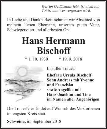 Traueranzeige von Hans Hermann Bischoff von Südthüringer Presse