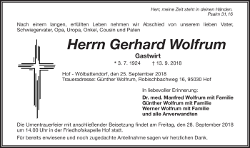 Traueranzeige von Gerhard Wolfrum von Frankenpost