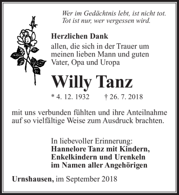 Traueranzeige von Willy Tanz von Südthüringer Presse