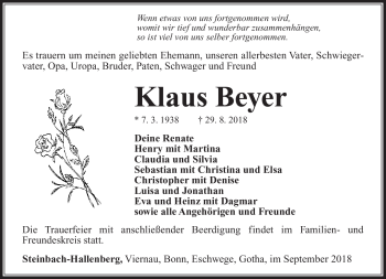 Traueranzeige von Klaus Beyer von Südthüringer Presse