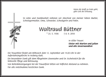 Traueranzeige von Waltraud Büttner von Frankenpost