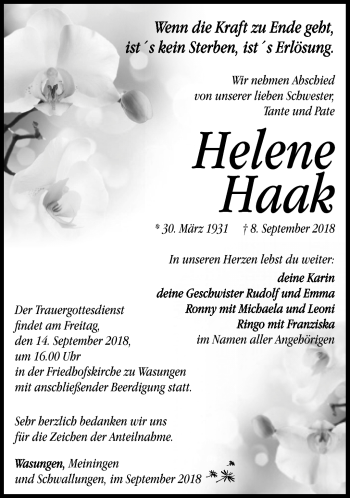 Traueranzeige von Helene Haak von Südthüringer Presse