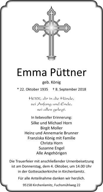 Traueranzeige von Emma Püttner von Frankenpost