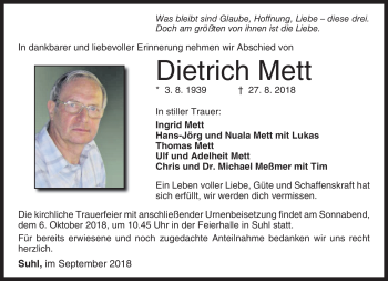 Traueranzeige von Dietrich Mett von Südthüringer Presse