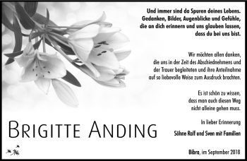 Traueranzeige von Brigitte Anding von Südthüringer Presse
