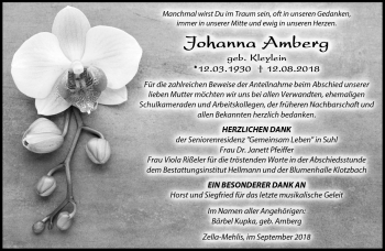 Traueranzeige von Johanna Amberg von Südthüringer Presse