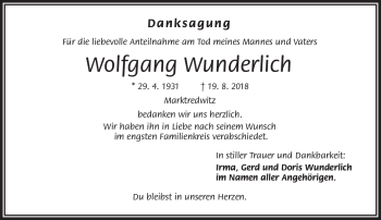 Traueranzeige von Wolfgang Wunderlich von Frankenpost