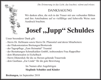 Traueranzeige von Josef Schuldes von Südthüringer Presse