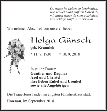 Traueranzeige von Helga Günsch von Südthüringer Presse