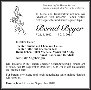 Traueranzeige von Bernd Beyer von Südthüringer Presse