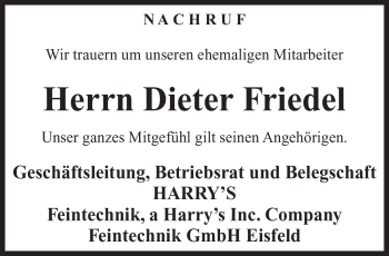Traueranzeige von Dieter Friedel von Südthüringer Presse