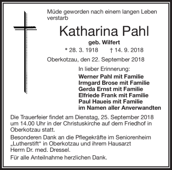 Traueranzeige von Katharina Pahl von Frankenpost