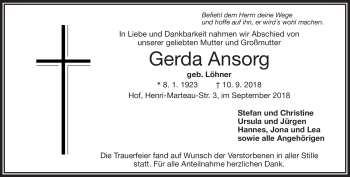 Traueranzeige von Gerda Ansorg von Frankenpost