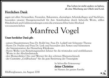 Traueranzeige von Manfred Vogel von Südthüringer Presse