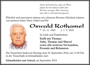Traueranzeige von Oswald Rothamel von Südthüringer Presse