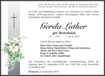 Traueranzeige von Gerda Luther von Südthüringer Presse