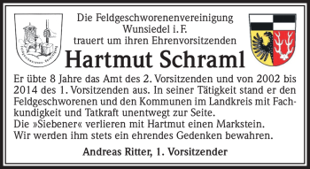 Traueranzeige von Hartmut Schraml von Frankenpost