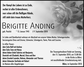 Traueranzeige von Brigitte Anding von Südthüringer Presse