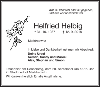 Traueranzeige von Helfried Helbig von Frankenpost